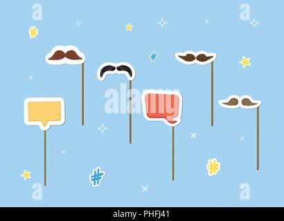 Fake Mustaches und Sprechblasen. Sammlung von Gesichtsmaske von Schnurrbärten auf die Sticks. Vector Illustration. Stock Vektor