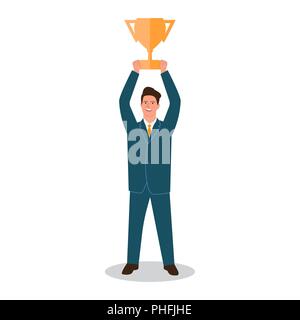 Unternehmer stehen und Holding Gewinner Golden Cup über seinen Kopf, Herausforderung und Erfolg Vector Illustration Stock Vektor