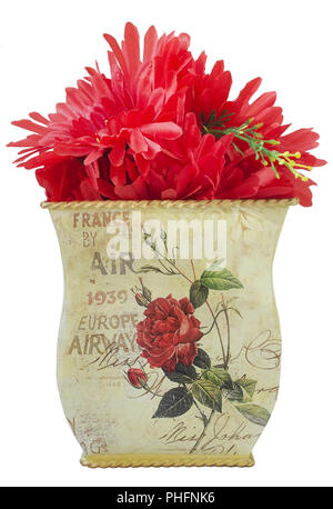 Zinn Vase mit roten Blumen Stockfoto