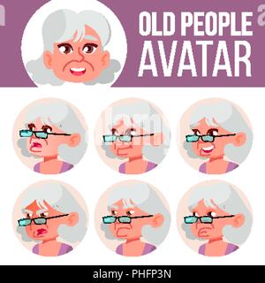 Alte Frau Avatar Set Vektor. Gesicht Emotionen. Ältere Person Porträt. Ältere Menschen. Im Alter. Beauty, Lifestyle. Cartoon Kopf Abbildung Stock Vektor