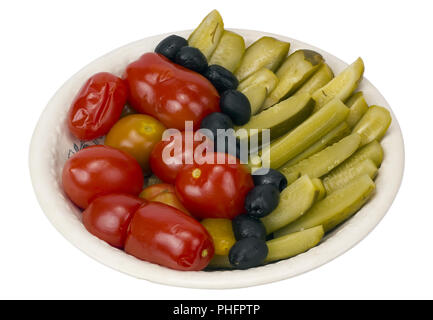 Essiggurken und salzigen Tomaten Stockfoto