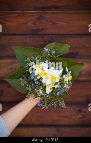 Hand mit einem schönen Blumenstrauß von Frühling und Sommer Blumen auf alten hölzernen Hintergrund. Garten Blumenstrauß in der Hand einer Frau. Vergiss mich nicht und Narziss wi Stockfoto