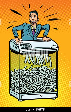 Unternehmer im Aktenvernichter, Office Appliance. geheimen Informationen. Comic cartoon Pop Art retro Vektor illustration Zeichnung Stock Vektor