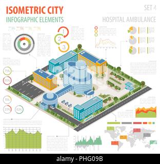 Wohnung 3 d Isometrische iclinic Komplex und Stadtplan Konstruktor Elemente wie Gebäude, Krankenhaus, Ambulanz, Apotheke, Garten isoliert auf Weiss. Bauen Stock Vektor