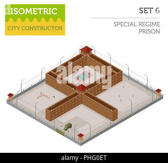 Wohnung 3 d Isometrische spezielle Regime Gefängnis Gefängnis für Stadtplan Konstruktor isoliert auf Weiss. Ihre eigene Infografik Sammlung aufzubauen. Vector Illustration Stock Vektor