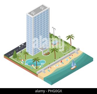 Wohnung 3 d isometrische Resort Hotel und Stadtplan Konstruktor Elemente wie Gebäude, Strand, Schwimmbad, Garten, Bar, Natur isoliert auf Weiss. Bauen Stock Vektor