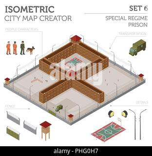 Wohnung 3 d Isometrische spezielle Regime Gefängnis Gefängnis für Stadtplan Konstruktor isoliert auf Weiss. Ihre eigene Infografik Sammlung aufzubauen. Vector Illustration Stock Vektor