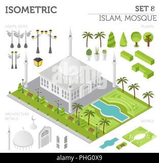 Wohnung 3 d Isometrische islamische Moschee und Stadtplan Konstruktor Elemente wie Gebäude, Minarett, Garten isoliert auf Weiss. Erstellen Sie Ihre eigenen Infografik co Stock Vektor