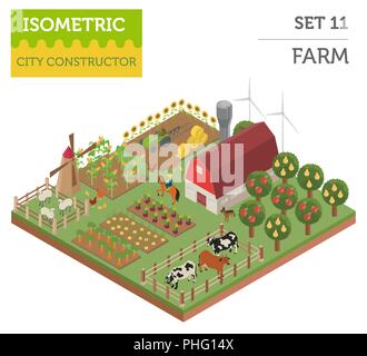 Wohnung 3 d isometrische Ackerland und Stadtplan Konstruktor Elemente isoliert auf Weiss. Ihre eigene Infografik Sammlung aufzubauen. Vector Illustration Stock Vektor