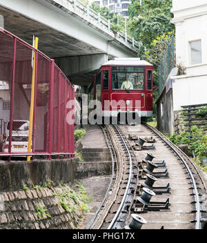 18. Februar 2018 - Hong Kong. Peak Tram zurück mit Touristen aus dem Victoria Peak auf Straßenebene. Stockfoto