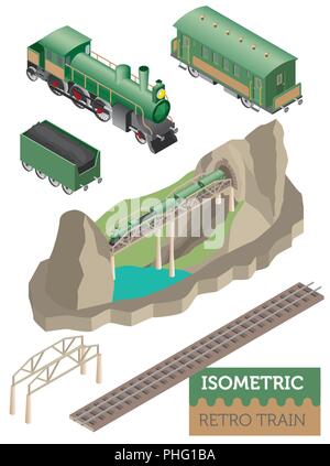 3d-isometrische retro Eisenbahn mit Dampflokomotive und Kutschen. Stadtplan Konstruktor Elemente. Ihre eigene Infografik Sammlung aufzubauen. Vektor Lllustrat Stock Vektor