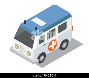 Wohnung 3 d isometrische Krankenwagen Auto für Stadtplan Klinik Konstruktor isoliert auf Weiss. Ihre eigene Infografik Sammlung aufzubauen. Vector Illustration Stock Vektor