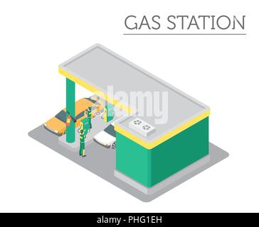 Wohnung 3 d isometrische Tankstelle und Stadtplan Konstruktor Elemente wie Gebäude, Abfüllanlagen, refuelers, Transport auf Weiß isoliert. Bauen Sie Stock Vektor