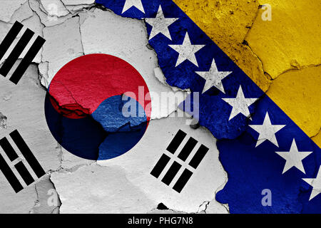 Flagge von Südkorea und Bosnien und Herzegowina über gerissene Wand gemalt Stockfoto