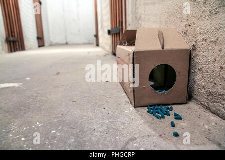 Ein Bild von einem Papier Ratte Trap mit einigen Pellets mit Gift außerhalb der Box. Gefährlich zu berühren oder zu essen. Stockfoto