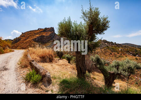 Kalabrien Landschaft in der Nähe des Dorfes Motta San Giovanni, die Ruinen der Burg von Santo Niceto auf dem Hintergrund Stockfoto