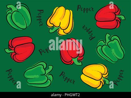 Vector Illustration Mix bunte Paprika auf einem grünen Hintergrund und Kalligraphische Inschrift "Pepper" Stock Vektor