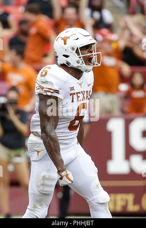 September 1, 2018: Texas Longhorns WR #6 Devin Duvernay feiert seinen Touchdown während einer NCAA Football Spiel zwischen der Universität von Maryland Dosenschildkröten und die Texas Longhorns am Fedex Feld in Washington, DC, Justin Cooper/CSM Stockfoto