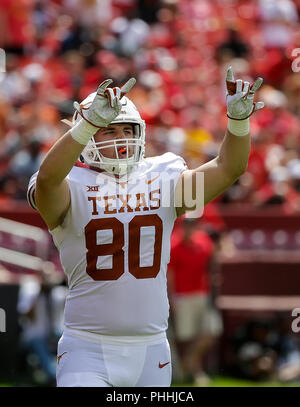 September 1, 2018: Texas Longhorns TE #80 Cade Brauerei während der NCAA Football Spiel zwischen der Universität von Maryland Dosenschildkröten und die Texas Longhorns am Fedex Feld in Washington, DC, Justin Cooper/CSM Stockfoto