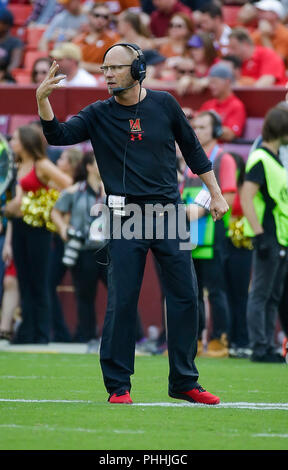 September 1, 2018: Die Universität von Maryland Dosenschildkröten Zwischenzeitskopfreisebus Matt Kanada während eines NCAA Football Spiel zwischen der Universität von Maryland Dosenschildkröten und die Texas Longhorns am Fedex Feld in Washington, DC, Justin Cooper/CSM Stockfoto