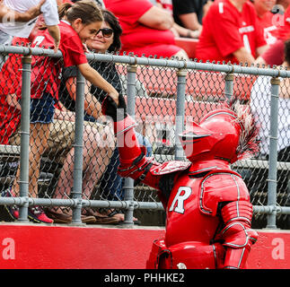 Piscataway, NJ, USA. 1. Sep 2018. Der scharlachrote Ritter begrüßt einen kleinen Ventilator während einer NCAA Football Spiel zwischen den Texas Zustand Bobcats und die Rutgers Scarlet Knights bei HighPoint Lösungen Stadion in Piscataway, NJ. Mike Langish/Cal Sport Media. Credit: Csm/Alamy leben Nachrichten Stockfoto