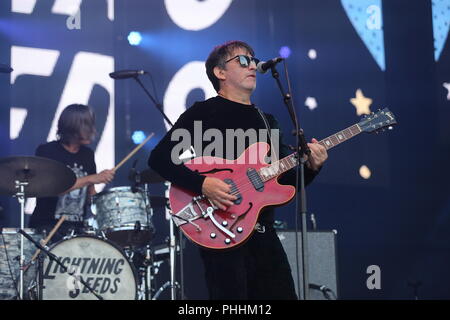 Knebworth Park, Hertfordshire, Großbritannien. 1. September 2018. Die Lightning Seeds live auf dem ersten Cool Britannia Festival in Knebworth Park. Stockfoto