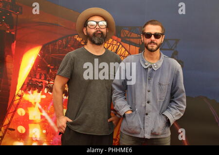 Knebworth Park, Hertfordshire, Großbritannien. 1. September 2018. Schrägförderer backstage in der ersten Cool Britannia Festival in Knebworth Park. Stockfoto