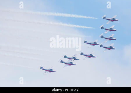 Toronto, Kanada. 1. Sep 2018. Die Kanadische Streitkräfte Snowbirds durchführen, während die 2018 Canadian International Air Show in Toronto, Kanada, Sept. 1, 2018. Die jährliche 3-tägige Veranstaltung begann am Samstag tausende von Zuschauern zu zeichnen. Credit: Zou Zheng/Xinhua/Alamy leben Nachrichten Stockfoto