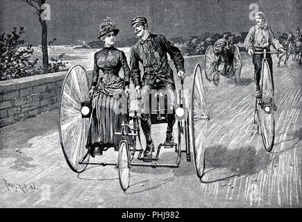 1800s Radfahrer. Eine Illustration von 1886, wo ein junges Paar in ein Fahrrad wie Fahrzeug sitzt. Sie können sowohl Pedal das Fahrrad, hat zwei große Räder hinten und ein kleines Rad in Front. Auf der rechten Seite ein Mann, der auf einem Penny Farthing Fahrrad. 1886 Stockfoto