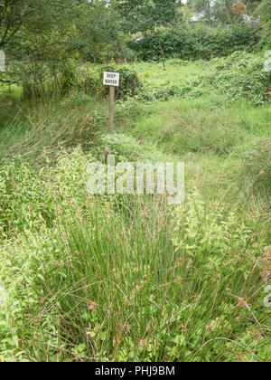 Anmelden Warnung vor tiefem Wasser - aber Wasser getrocknet Dank 2018 UK Hitzewelle heraus. Metapher Safety Evaluation, Risikoanalyse, öffentlichen Warnzeichen. Stockfoto