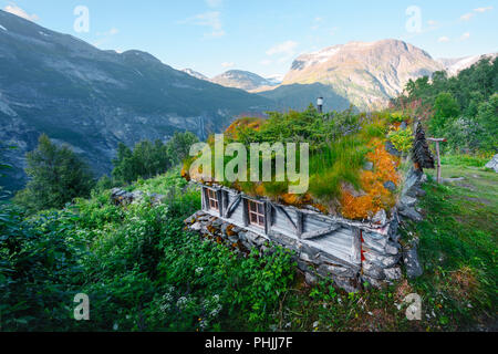 Das Gras-roofed Häuser in Norwegen Stockfoto