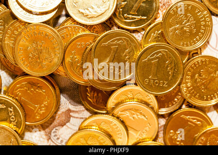 Polnische Banknoten und Münzen fotografiert Nahaufnahme. Gezeigten Details des Geldes mit internationalen Bezeichnung - PLN flache Schärfentiefe, Foto her Stockfoto