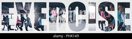 Collage, eine vielfältige Gruppe von jungen Menschen in Sportbekleidung um einen Fitnessraum mit einem Overlay des Wortes Übung ausführen Stockfoto
