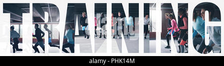 Collage, eine vielfältige Gruppe von jungen Menschen in Sportbekleidung um einen Fitnessraum, zusammen mit einem Overlay des Wortes Ausbildung Stockfoto