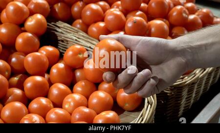 Thema Gesundheit und natürliche Lebensmittel. Nahaufnahme der Hand eines kaukasischen Mann hält, Kommissionierung Tomaten in einem vtrine in einem Supermarkt. Vegetarische Kerl kauft rote Gemüse Stockfoto