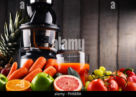 Langsam Entsafter mit biologischem Obst und Gemüse. Detox Diät Stockfoto