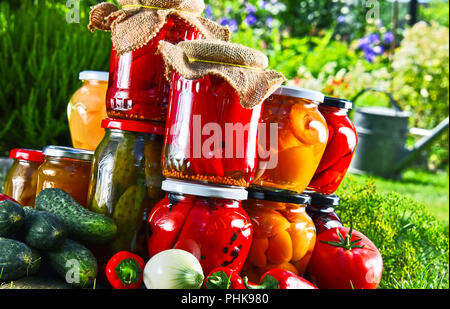 Gläser von eingelegtem Gemüse und Obst im Garten Stockfoto