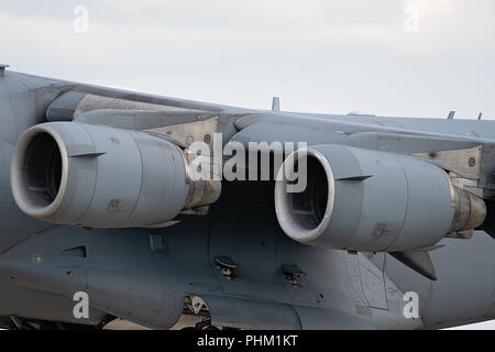 Oshkosh, WI - 28. Juli 2018: eine Nahaufnahme von der C-17 Globemaster Motoren Stockfoto