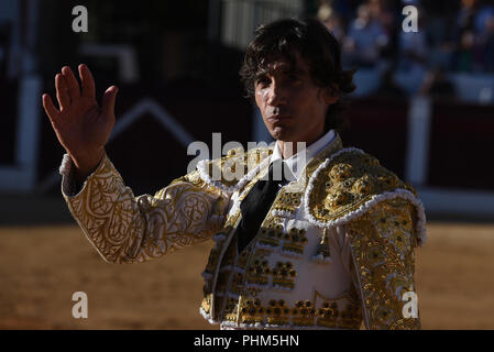 Almazán, Spanien. 01 Sep, 2018. Spanische Stierkämpfer Curro Diaz bei einem Stierkampf in Guijuelo, im Norden von Spanien. Credit: Jorge Sanz/Pacific Press/Alamy leben Nachrichten Stockfoto