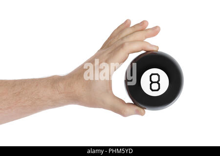 Hand mit Magic billardkugel Nr. 8 Stockfoto