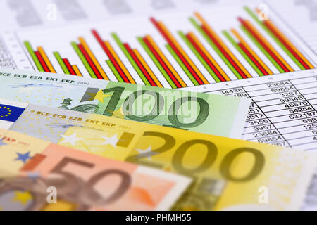 Banknoten der Europäischen Währung Festlegung auf Diagramm der Börse Stockfoto