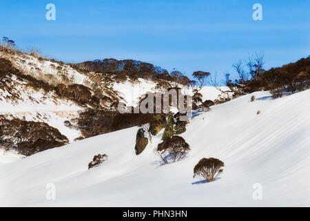 Schneebedeckte Pisten der schneebedeckten Berge, die Perisher Valley während der Wintersaison in beliebten Ski- und Snowboard Resort, gut für Cross-Coun Stockfoto