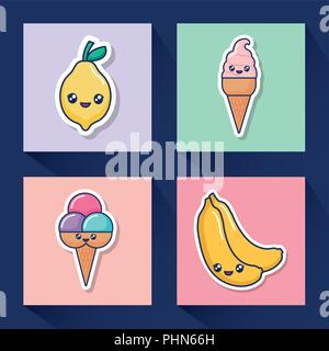 Kawaii essen Symbol über bunte Quadrate und blauen Hintergrund, Vector Illustration Stock Vektor