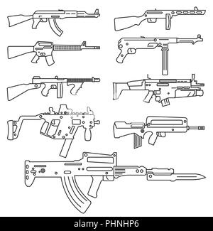 Feuerwaffe eingestellt. Automatisches Gewehr, Maschinengewehr. Umrisse lineare Version. Vector Illustration Stock Vektor