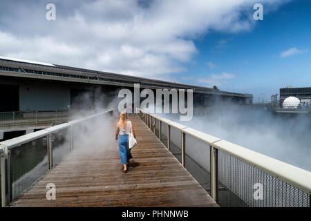 Eine Frau geht über Nebel Brücke von fujiko Nayaka, eine Kunstinstallation im Hafengebiet von San Francisco. Stockfoto