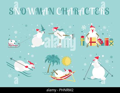 Schneemann Figuren Icon Set. Flache Bauform. Vector Illustration Stock Vektor