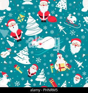 Weihnachten nahtlose Muster. Farbe flache Bauform mit Santa Claus, Schneemann, Weihnachtsbaum. Vector Illustration Stock Vektor