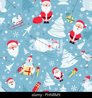 Weihnachten nahtlose Muster. Farbe flache Bauform mit Santa Claus, Schneemann, Weihnachtsbaum. Vector Illustration Stock Vektor