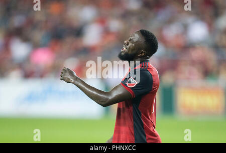 Toronto, Kanada. 1. Sep 2018. Jozy Altidore von Toronto FC reagiert, nachdem er einen Schießen während der 2018 Major League Soccer (MLS) Übereinstimmung zwischen Toronto FC und Los Angeles Football Club am BMO Feld in Toronto, Kanada, Sept. 1, 2018. Toronto FC verlor 2-4. Credit: Zou Zheng/Xinhua/Alamy leben Nachrichten Stockfoto