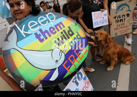 Pasay City, Philippinen. 2. Sep 2018. Ein Umweltaktivist bringt Sie ihren Hund als sie Plakate gegen die Taiji dolphin Hunt in Pasay City, Philippinen, Sept. 2, 2018 halten. Credit: rouelle Umali/Xinhua/Alamy leben Nachrichten Stockfoto